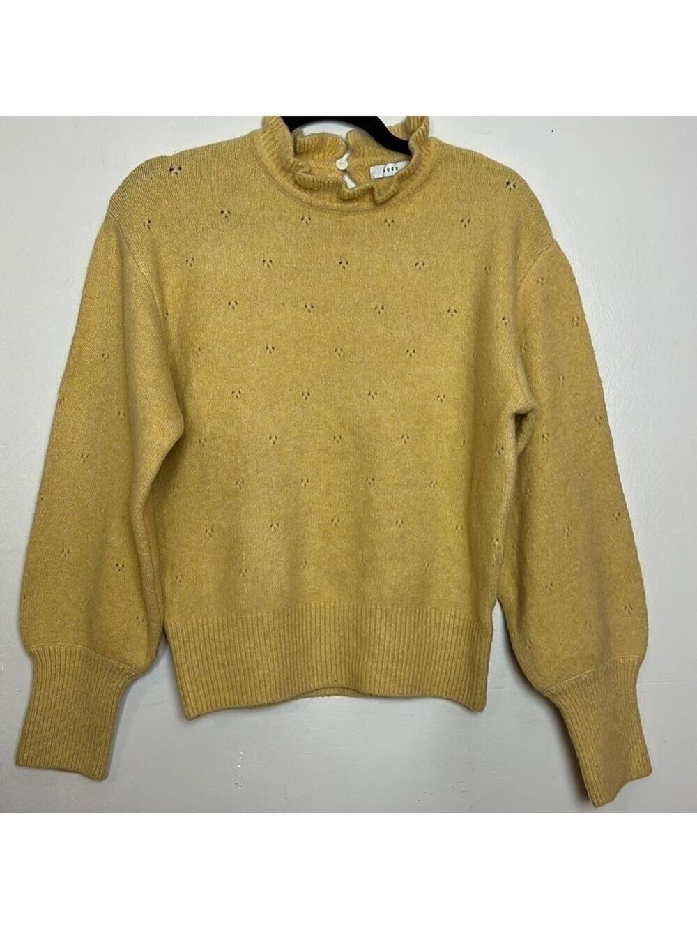 Lush Wool Blend Ruffle Mock Collar Drop Shoulder Eyelet Sweater